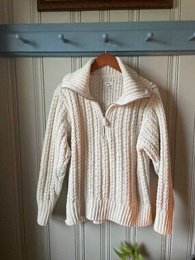 Aerie Cream Chunky Knit Sweater Quarter Zip Pullover Cozy Cable Knit Size S